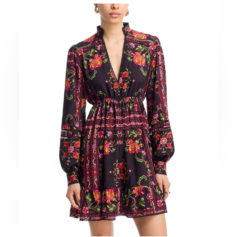 NEW Aqua Black Floral Border Print Long Sleeve Mini Dress